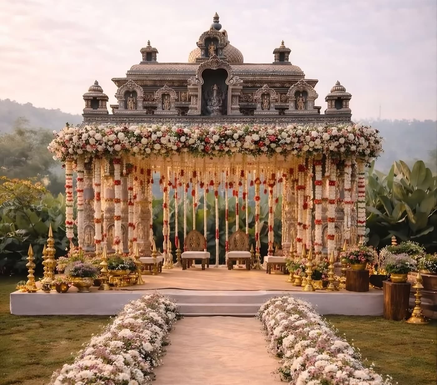A carved heritage-style mandap dressed in roses at dusk, with a petal-lined aisle