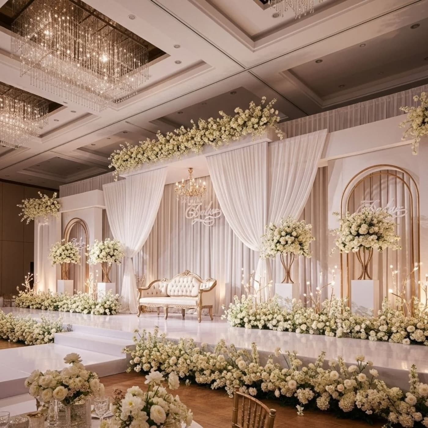 An ivory and gold ballroom reception stage with white florals and chandeliers